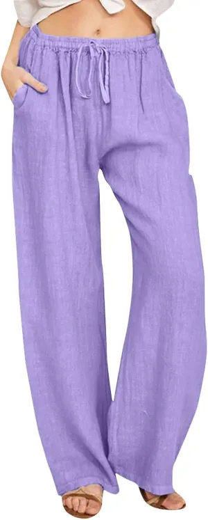 Women Wide Leg Linen Pants Summer Casual High Waist Palazzo Pant Loose Fit Ruched Trouser with Pocket