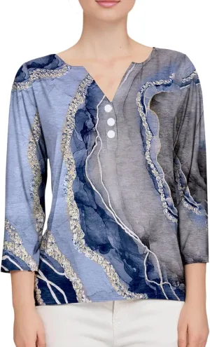 Women Workout Tops,3/4 Sleeve Raglan Shirts for Women Color Block Henley Blouse Striped Button up Shirt