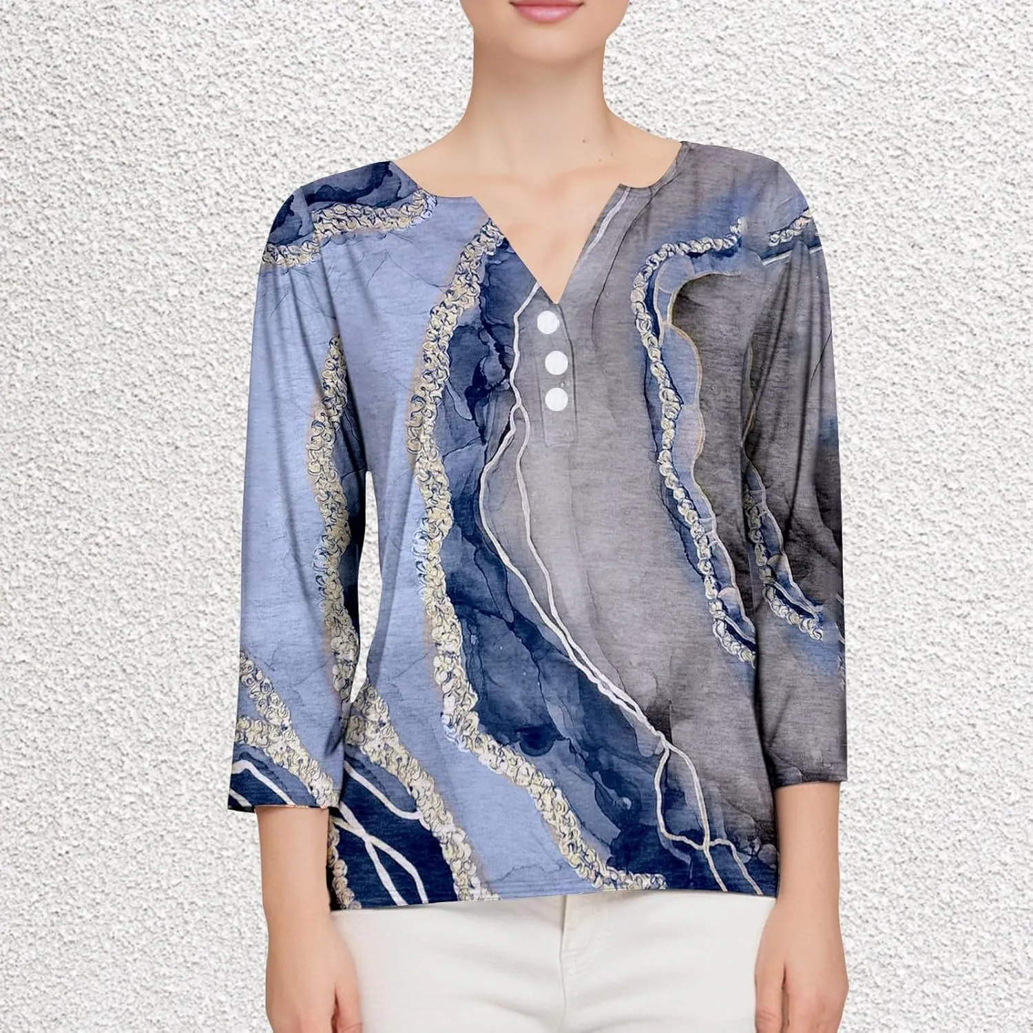 Women Workout Tops,3/4 Sleeve Raglan Shirts for Women Color Block Henley Blouse Striped Button up Shirt