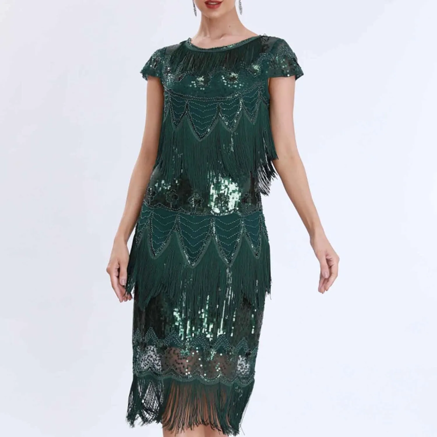 Women's 1920s Flapper Dress Vintage Long Fringe Dress Crewneck Slip 20s Sequins Beaded Great Gatsby Dresses for Party