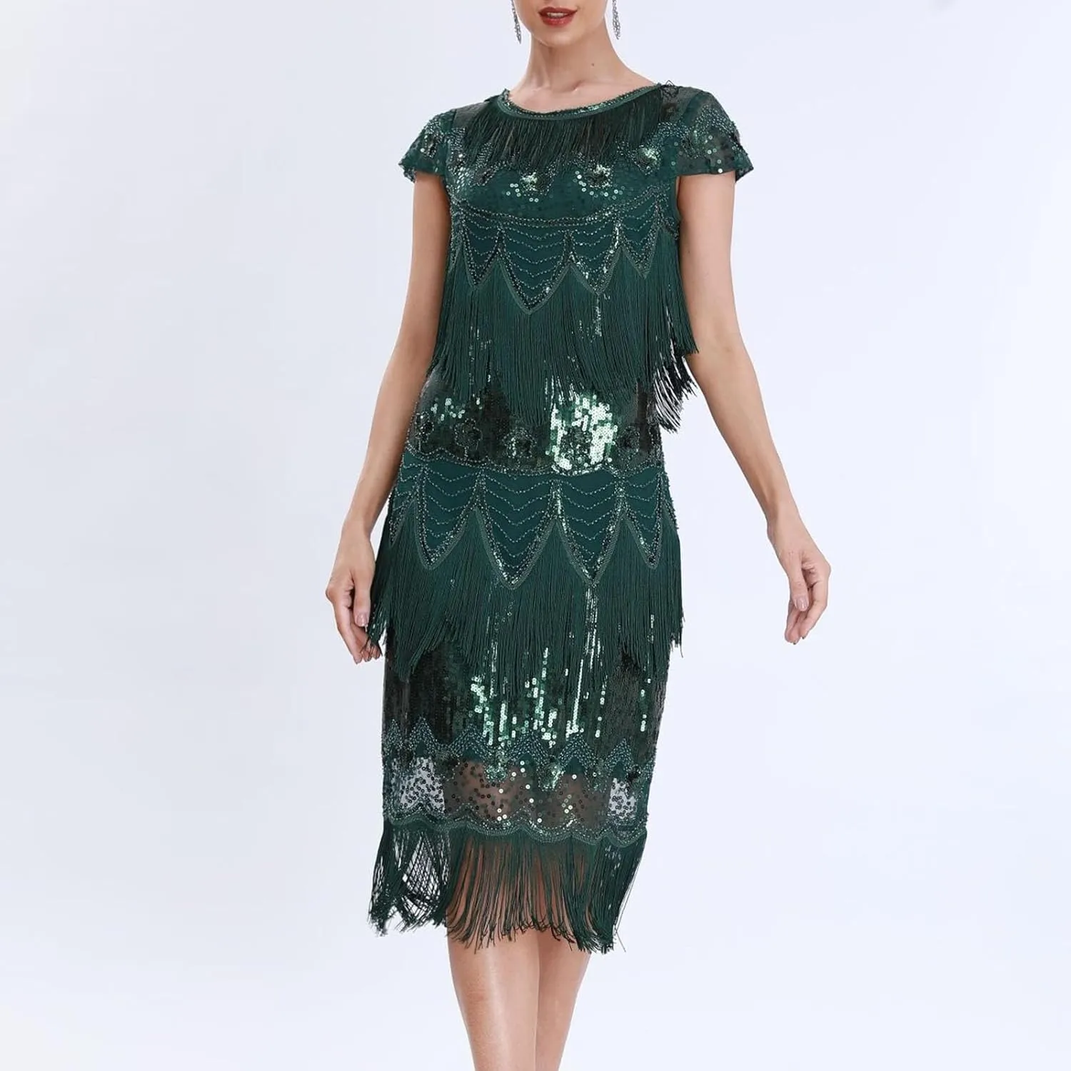 Women's 1920s Flapper Dress Vintage Long Fringe Dress Crewneck Slip 20s Sequins Beaded Great Gatsby Dresses for Party