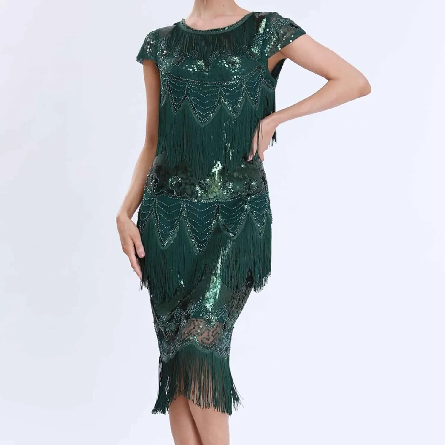 Women's 1920s Flapper Dress Vintage Long Fringe Dress Crewneck Slip 20s Sequins Beaded Great Gatsby Dresses for Party
