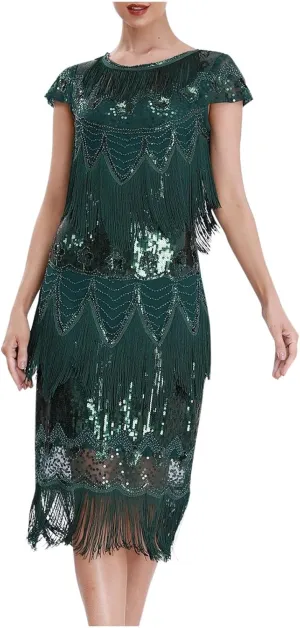 Women's 1920s Flapper Dress Vintage Long Fringe Dress Crewneck Slip 20s Sequins Beaded Great Gatsby Dresses for Party