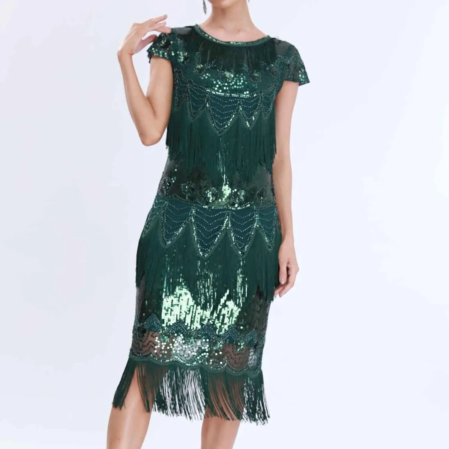 Women's 1920s Flapper Dress Vintage Long Fringe Dress Crewneck Slip 20s Sequins Beaded Great Gatsby Dresses for Party
