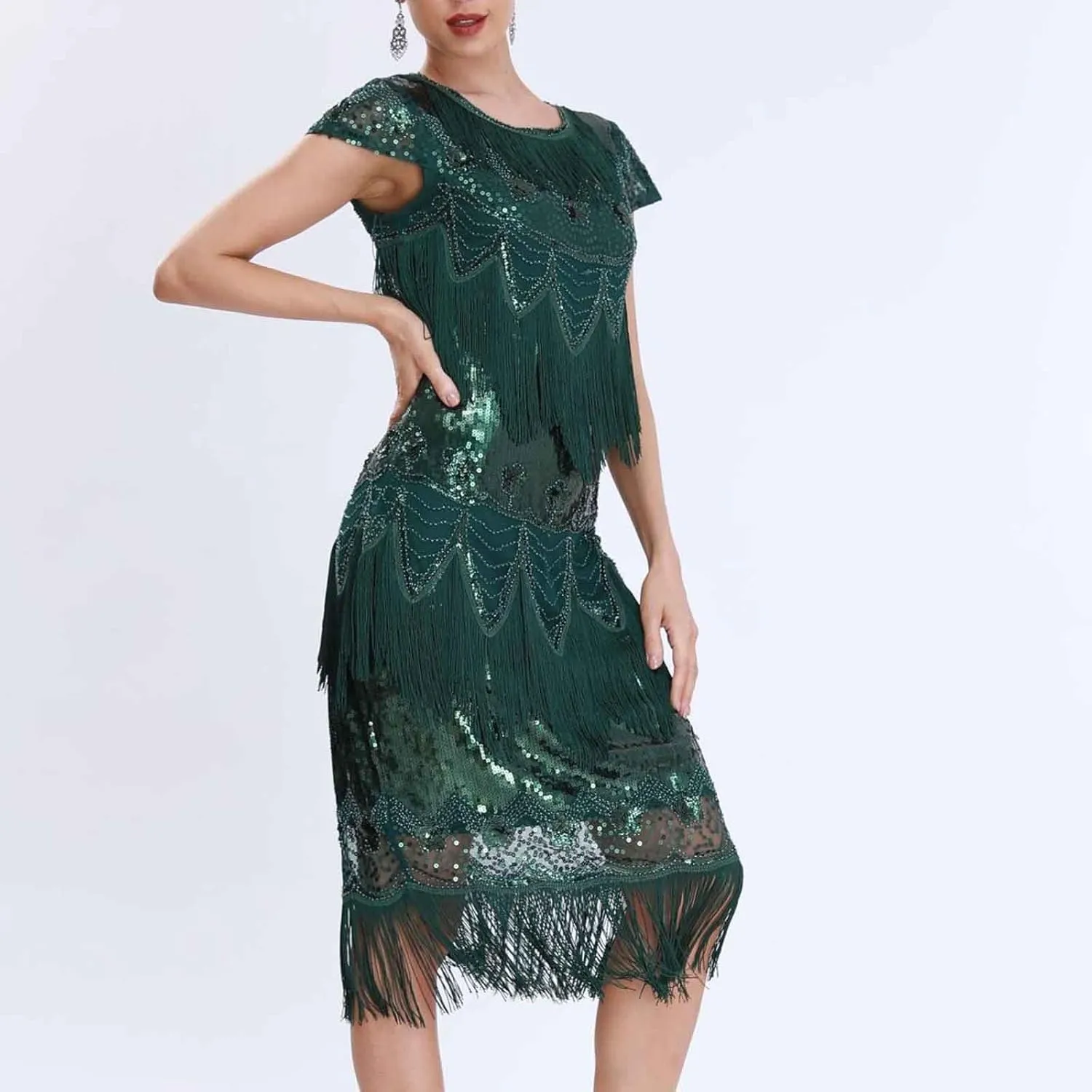 Women's 1920s Flapper Dress Vintage Long Fringe Dress Crewneck Slip 20s Sequins Beaded Great Gatsby Dresses for Party
