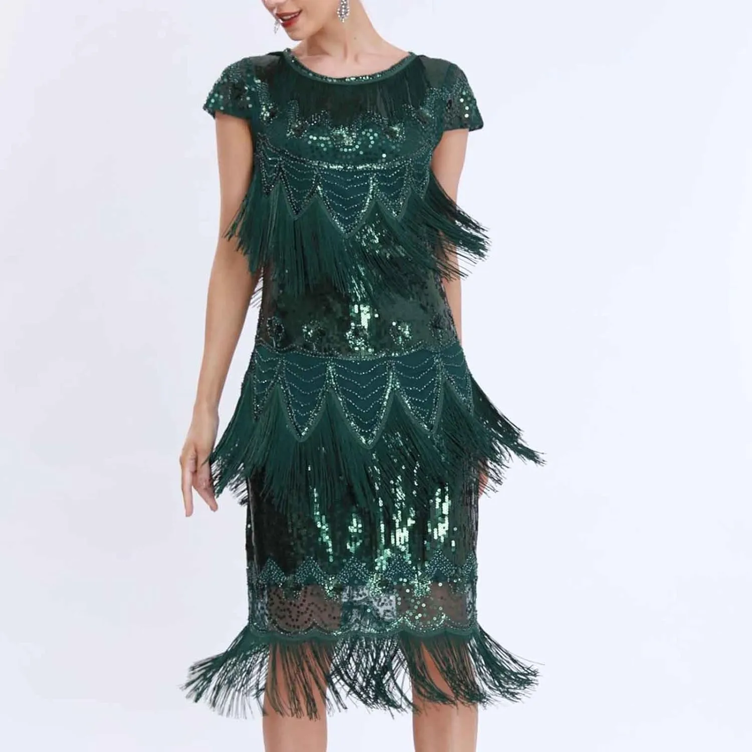 Women's 1920s Flapper Dress Vintage Long Fringe Dress Crewneck Slip 20s Sequins Beaded Great Gatsby Dresses for Party