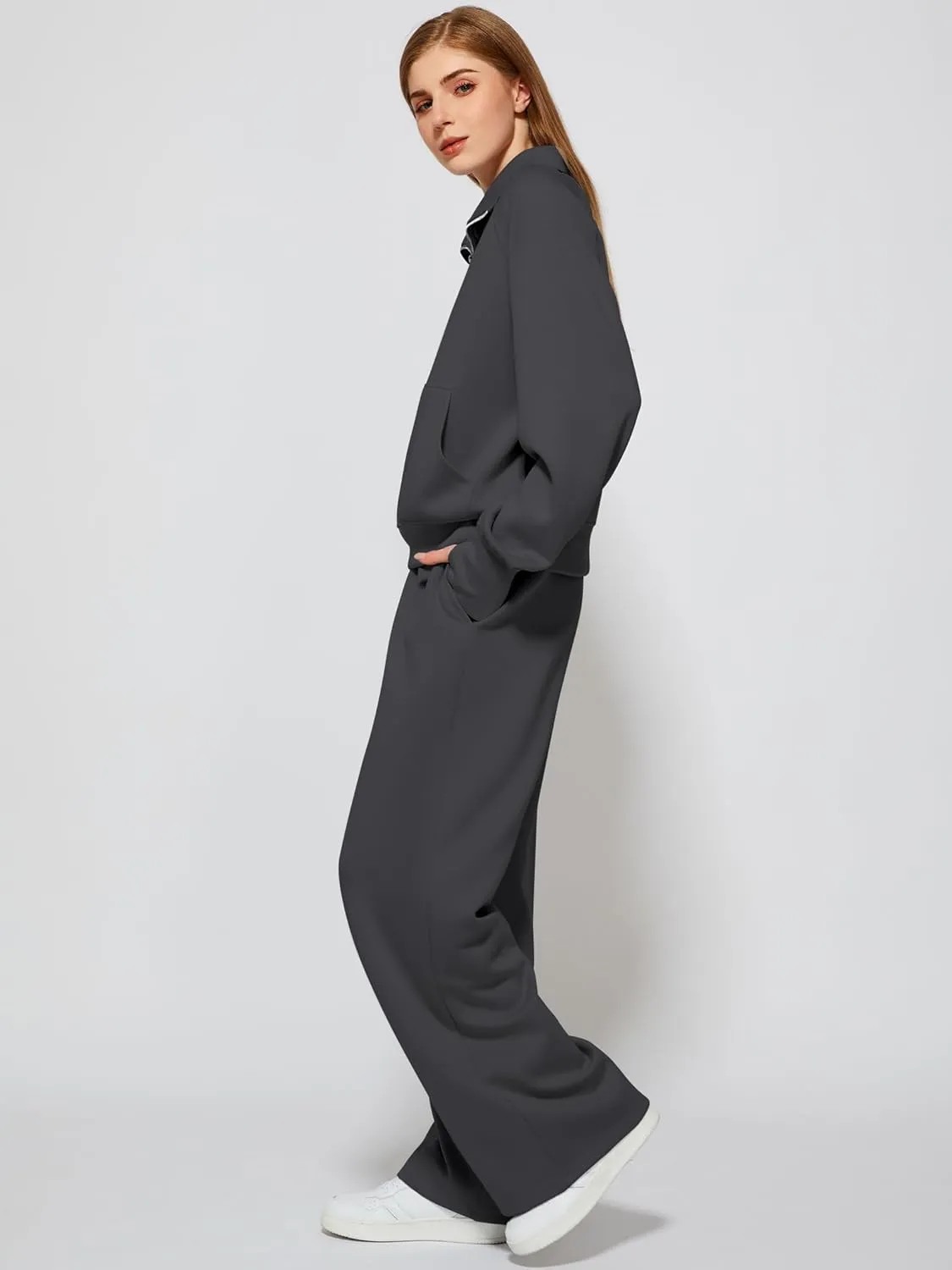 Women's 2 Piece Outfits Lounge Set 2025 Oversized Half Zip Sweatshirt Wide Leg Sweatpant Set Sweatsuit Tracksuit