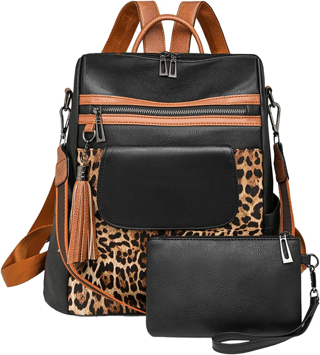 Womens Backpack Purse Vegan Leather Large Travel Backpack College Shoulder Bag with Tassel(Black Leopard Print)