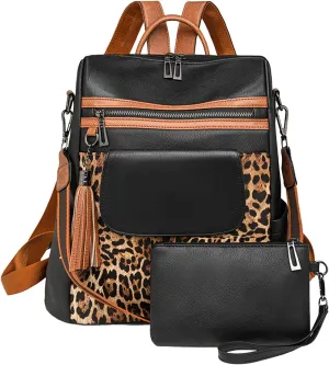 Womens Backpack Purse Vegan Leather Large Travel Backpack College Shoulder Bag with Tassel(Black Leopard Print)