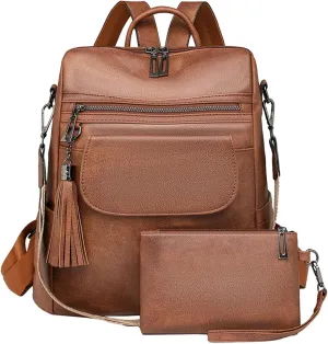 Womens Backpack Purse Vegan Leather Large Travel Backpack College Shoulder Bag with Tassel(Brown)