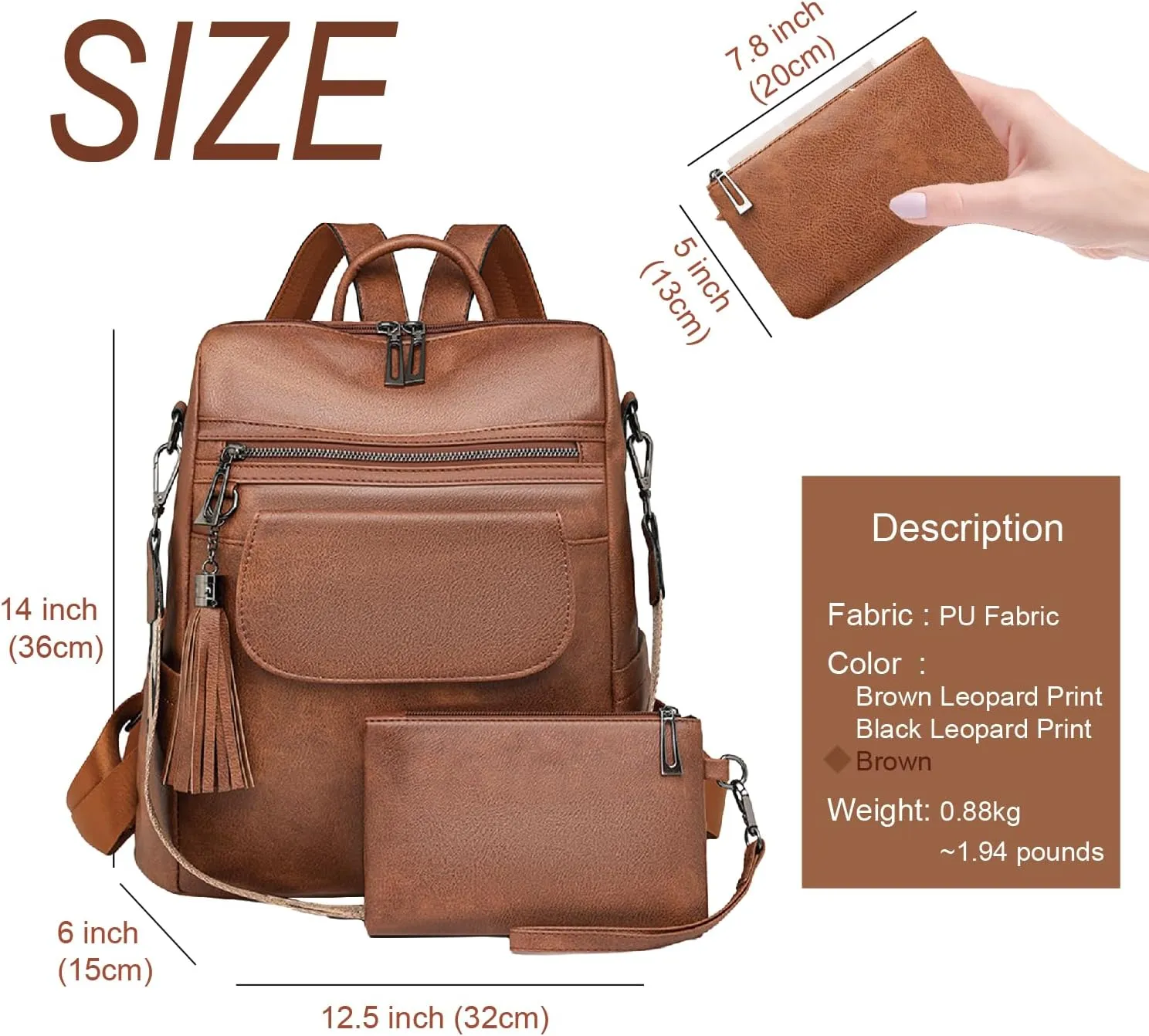 Womens Backpack Purse Vegan Leather Large Travel Backpack College Shoulder Bag with Tassel(Brown)