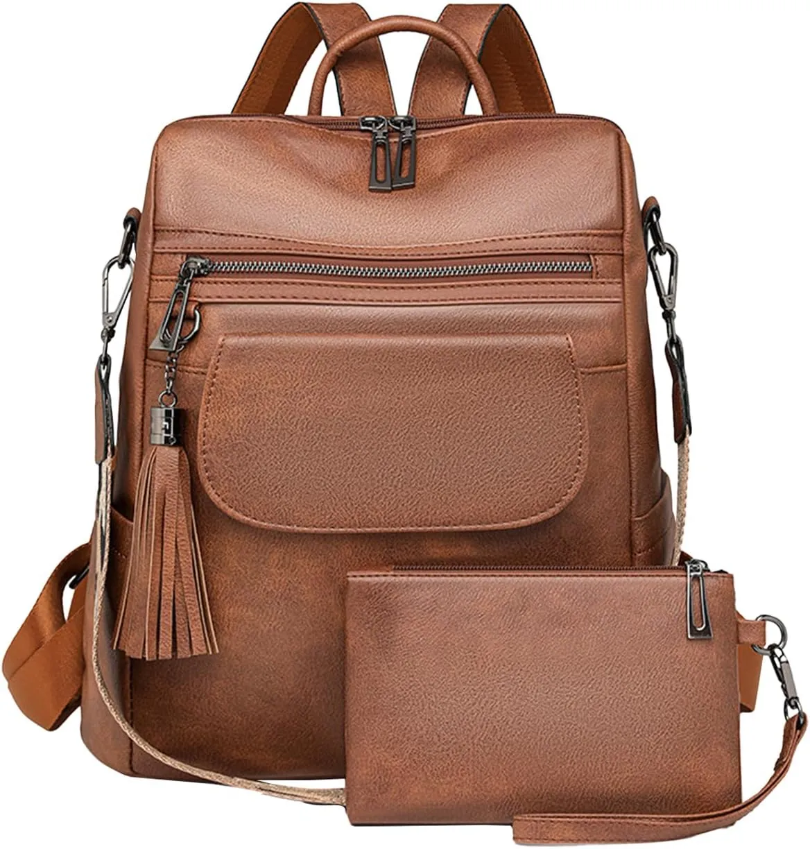 Womens Backpack Purse Vegan Leather Large Travel Backpack College Shoulder Bag with Tassel(Brown)