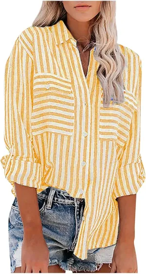 Womens Button Down Lapel Stripe Cotton Linen Shirts Long Sleeve Blouse Tops Fall Fashion Tops Dress Casual