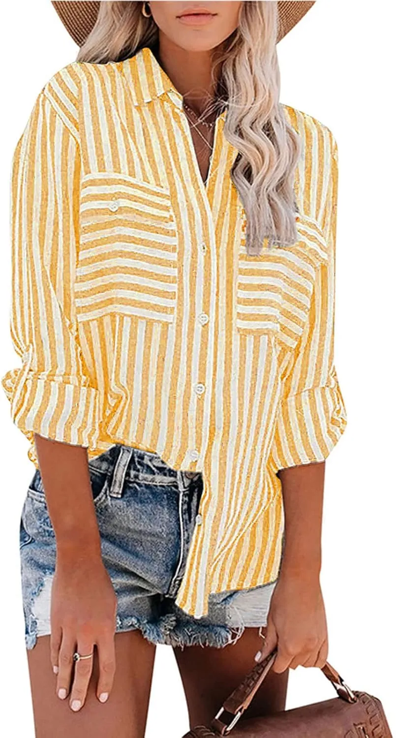 Womens Button Down Lapel Stripe Cotton Linen Shirts Long Sleeve Blouse Tops Fall Fashion Tops Dress Casual
