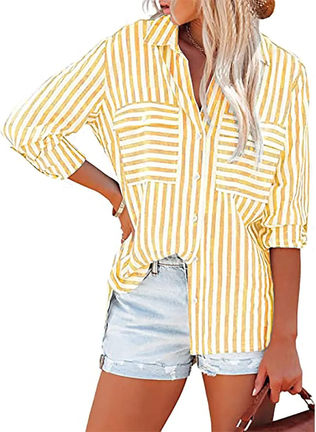 Womens Button Down Lapel Stripe Cotton Linen Shirts Long Sleeve Blouse Tops Fall Fashion Tops Dress Casual