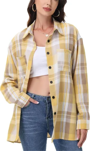Womens Button Down Plaid Shirts Oversized Long Sleeve Collared Casual Blouse Top