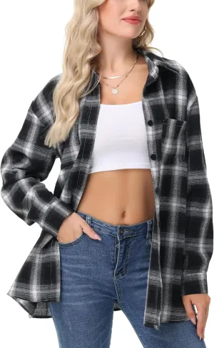 Womens Button Down Plaid Shirts Oversized Long Sleeve Collared Casual Blouse Top