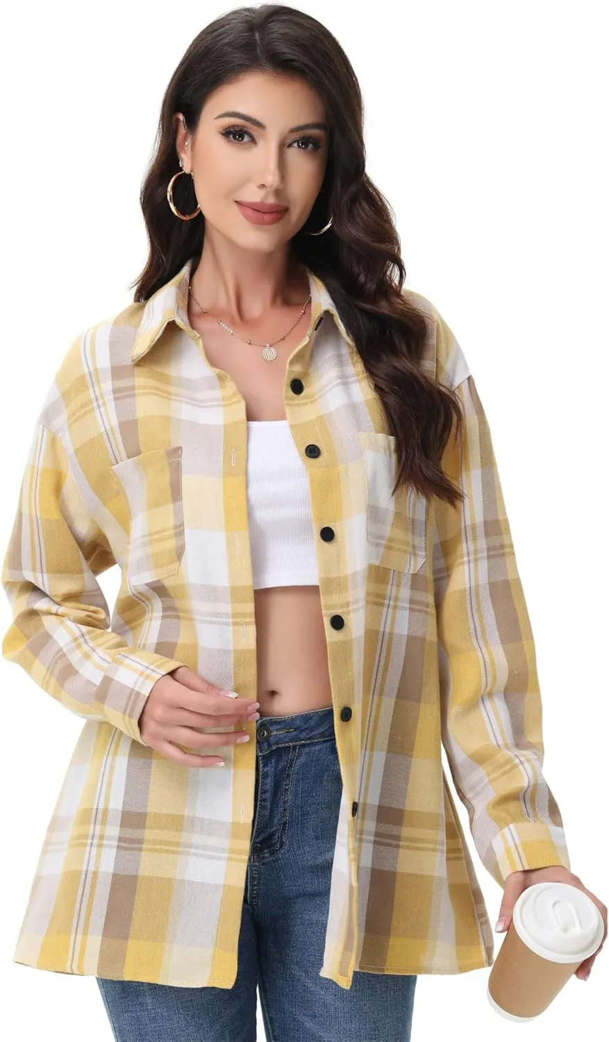 Womens Button Down Plaid Shirts Oversized Long Sleeve Collared Casual Blouse Top