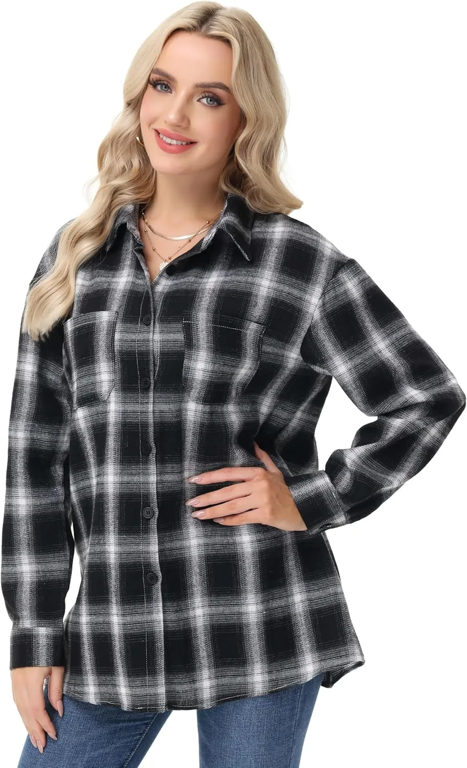 Womens Button Down Plaid Shirts Oversized Long Sleeve Collared Casual Blouse Top