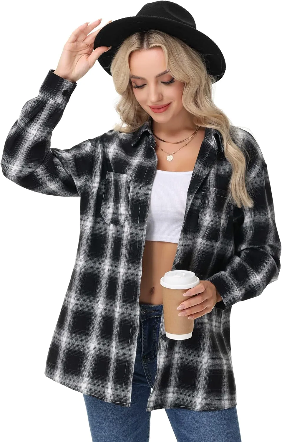 Womens Button Down Plaid Shirts Oversized Long Sleeve Collared Casual Blouse Top