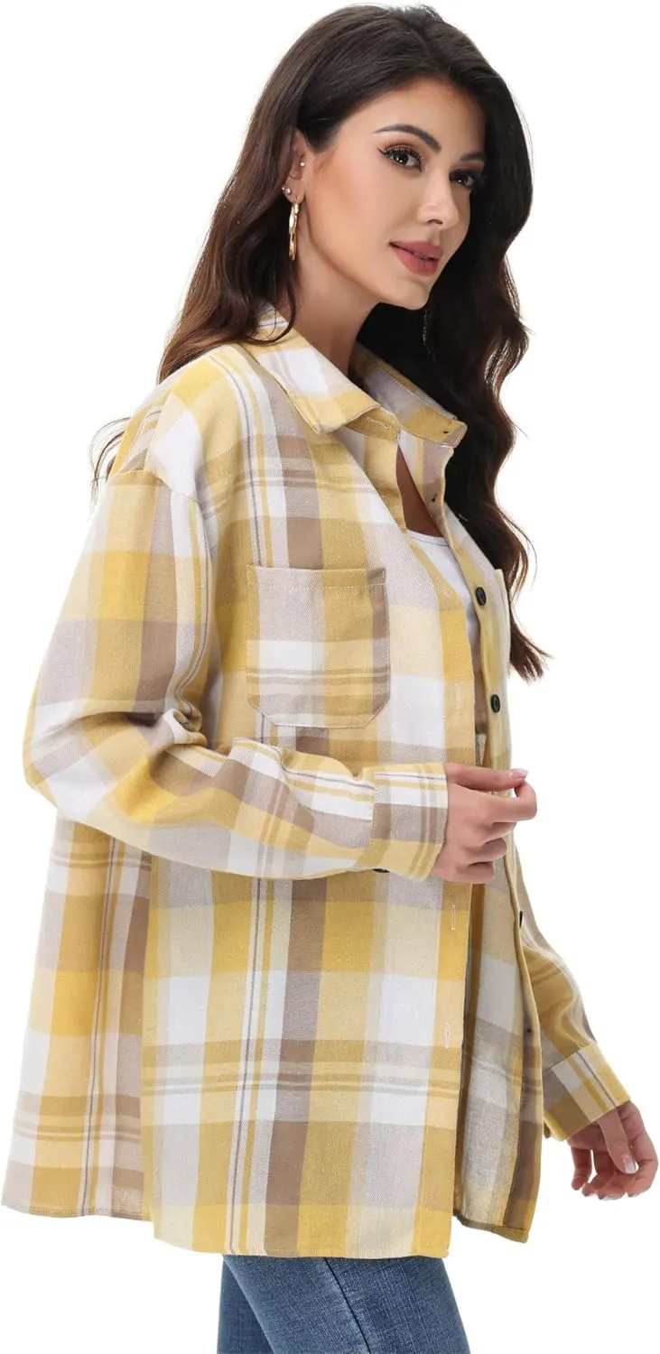 Womens Button Down Plaid Shirts Oversized Long Sleeve Collared Casual Blouse Top