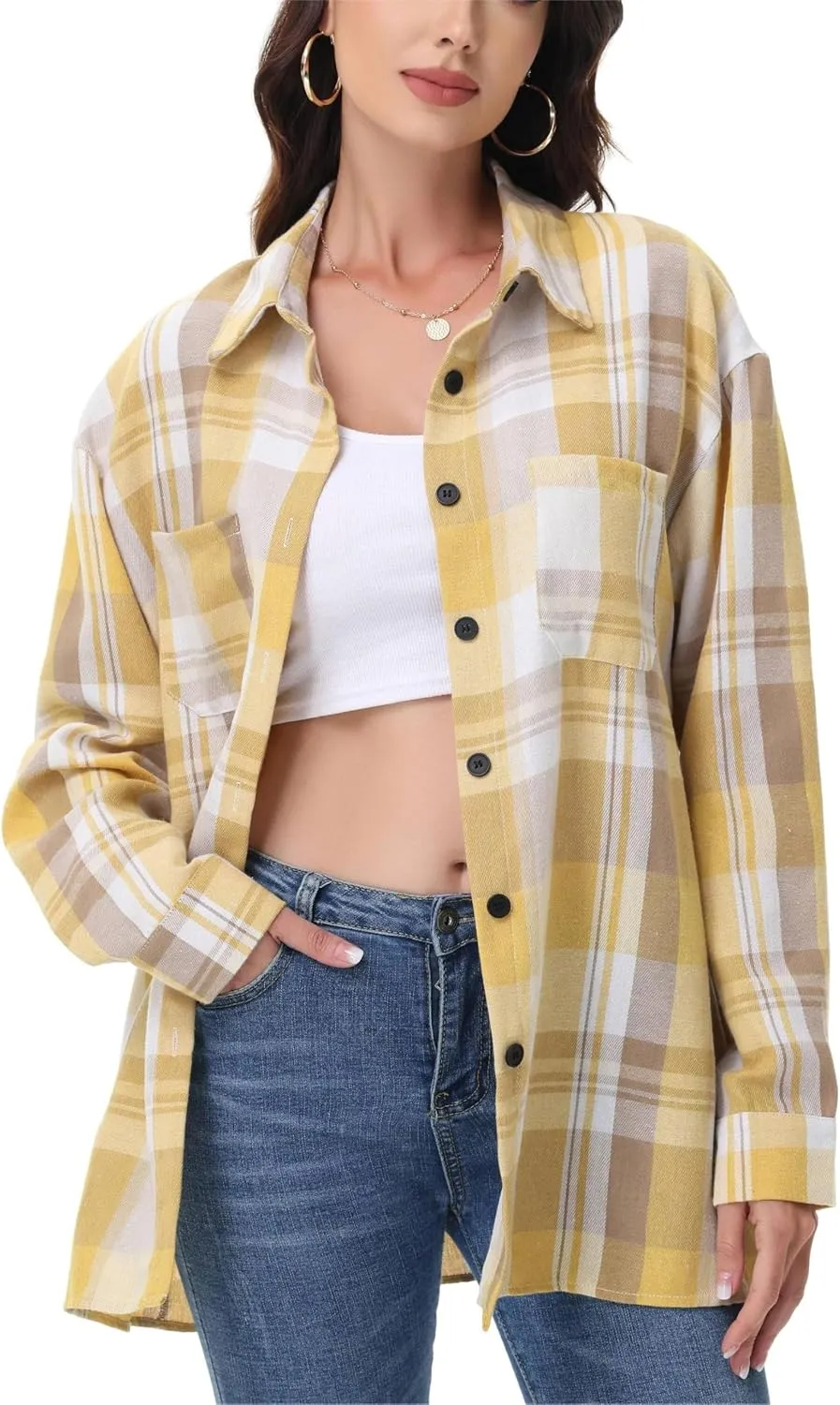 Womens Button Down Plaid Shirts Oversized Long Sleeve Collared Casual Blouse Top