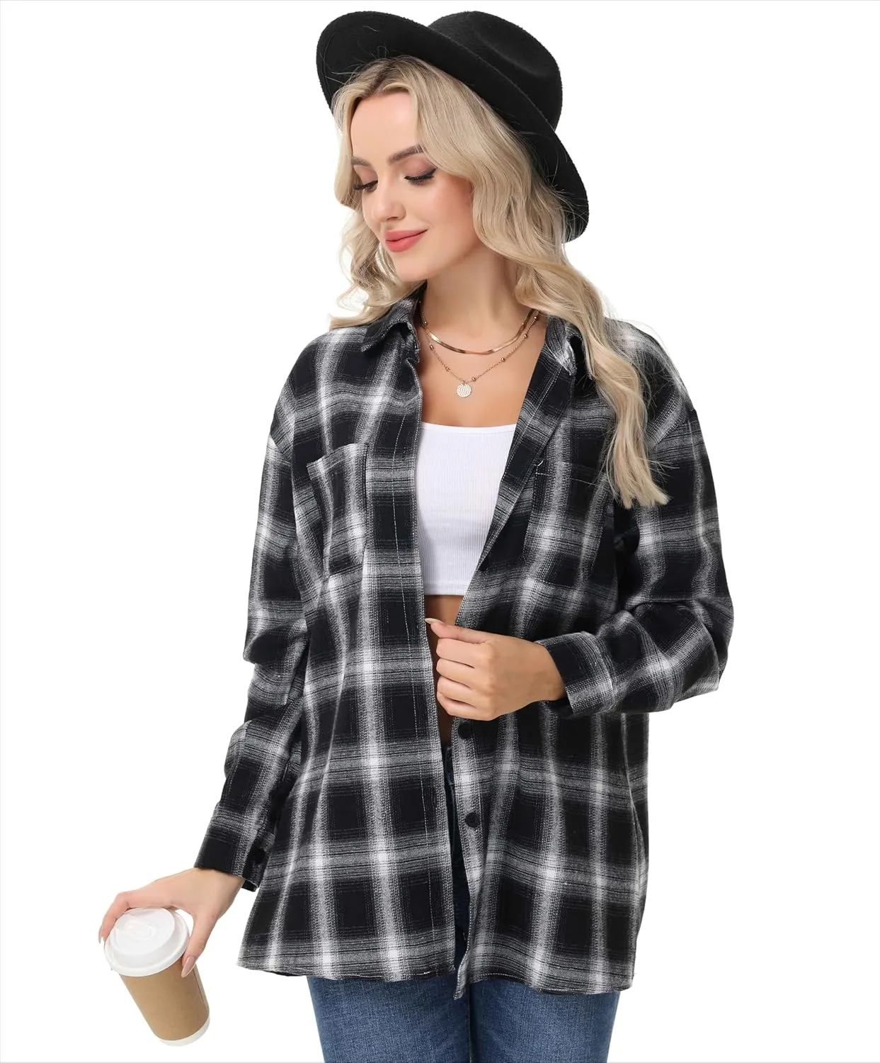 Womens Button Down Plaid Shirts Oversized Long Sleeve Collared Casual Blouse Top