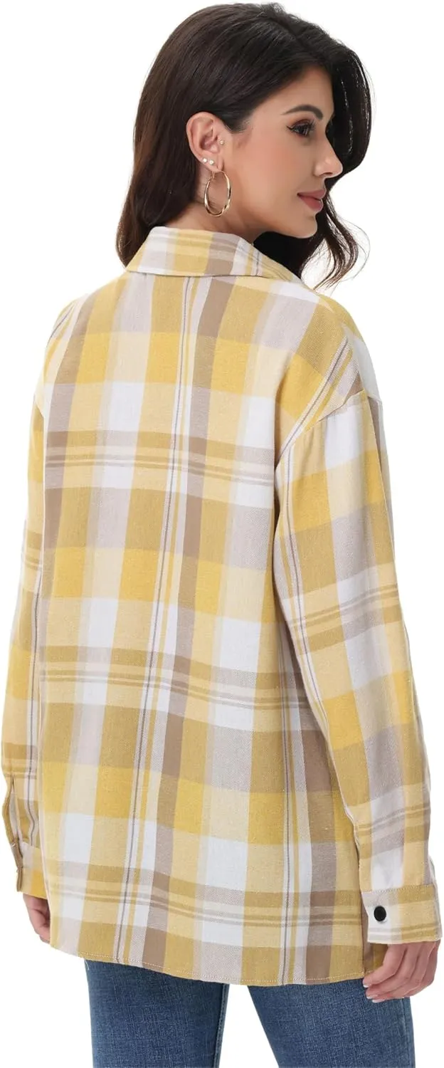 Womens Button Down Plaid Shirts Oversized Long Sleeve Collared Casual Blouse Top