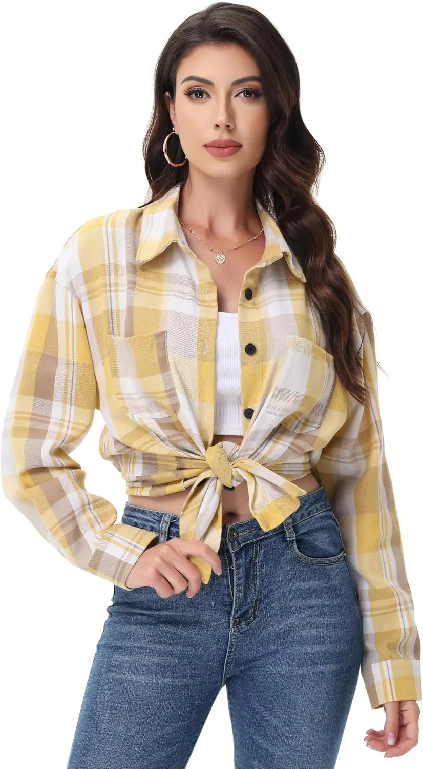 Womens Button Down Plaid Shirts Oversized Long Sleeve Collared Casual Blouse Top