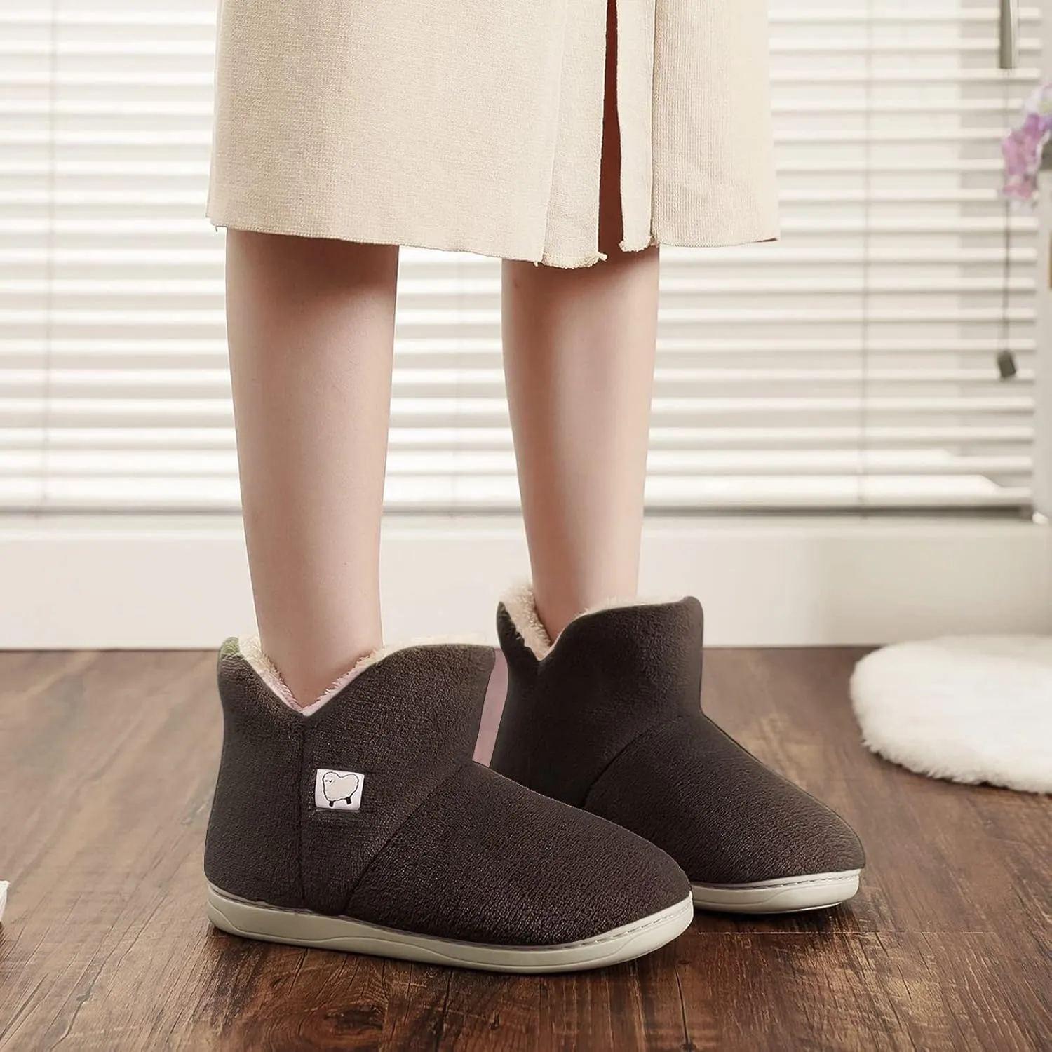 Womens Cashmere Knit Ankle Bootie Slippers Warm Cotton Quilted House Slippers Non-slip Indoor Slippers