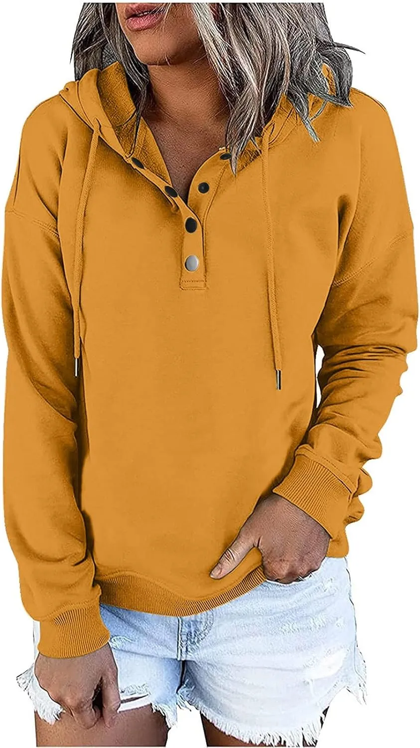 Womens Casual Button Down Hoodie Sweatshirts Fall Fashion 2023 Outfits Long Sleeve Comfy Solid Pullover Hoodies