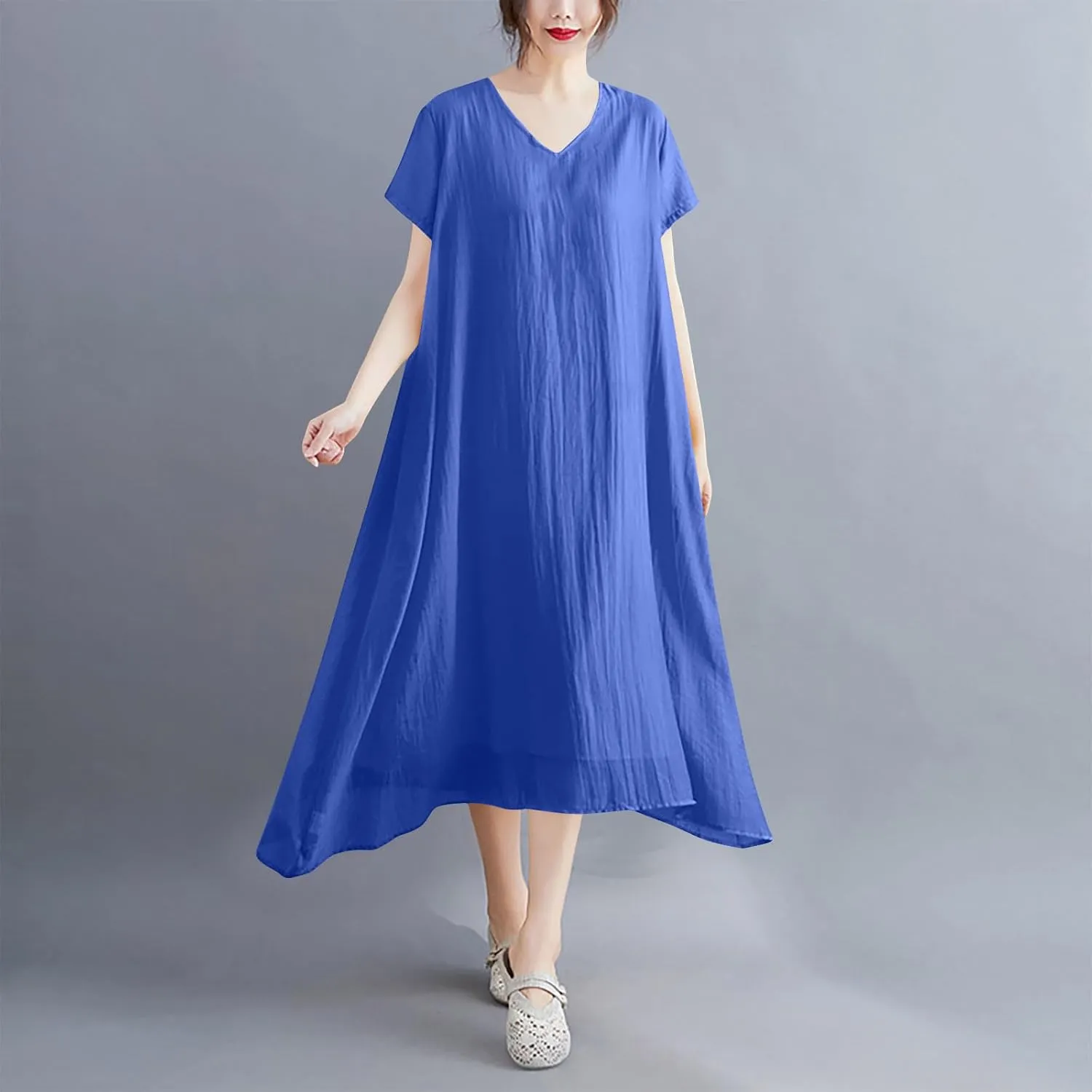 Women's Casual Pajama Solid Color Dress Round Neck Long Dresses Loose Fit Comfortable Midi Skirt Home Daily