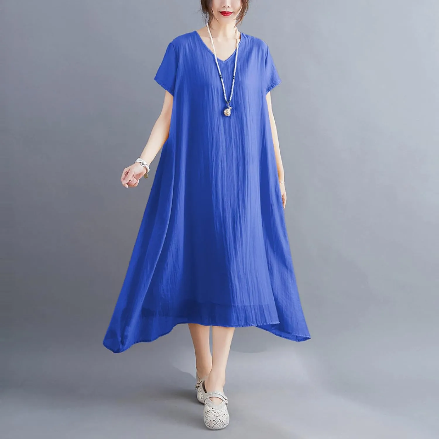 Women's Casual Pajama Solid Color Dress Round Neck Long Dresses Loose Fit Comfortable Midi Skirt Home Daily