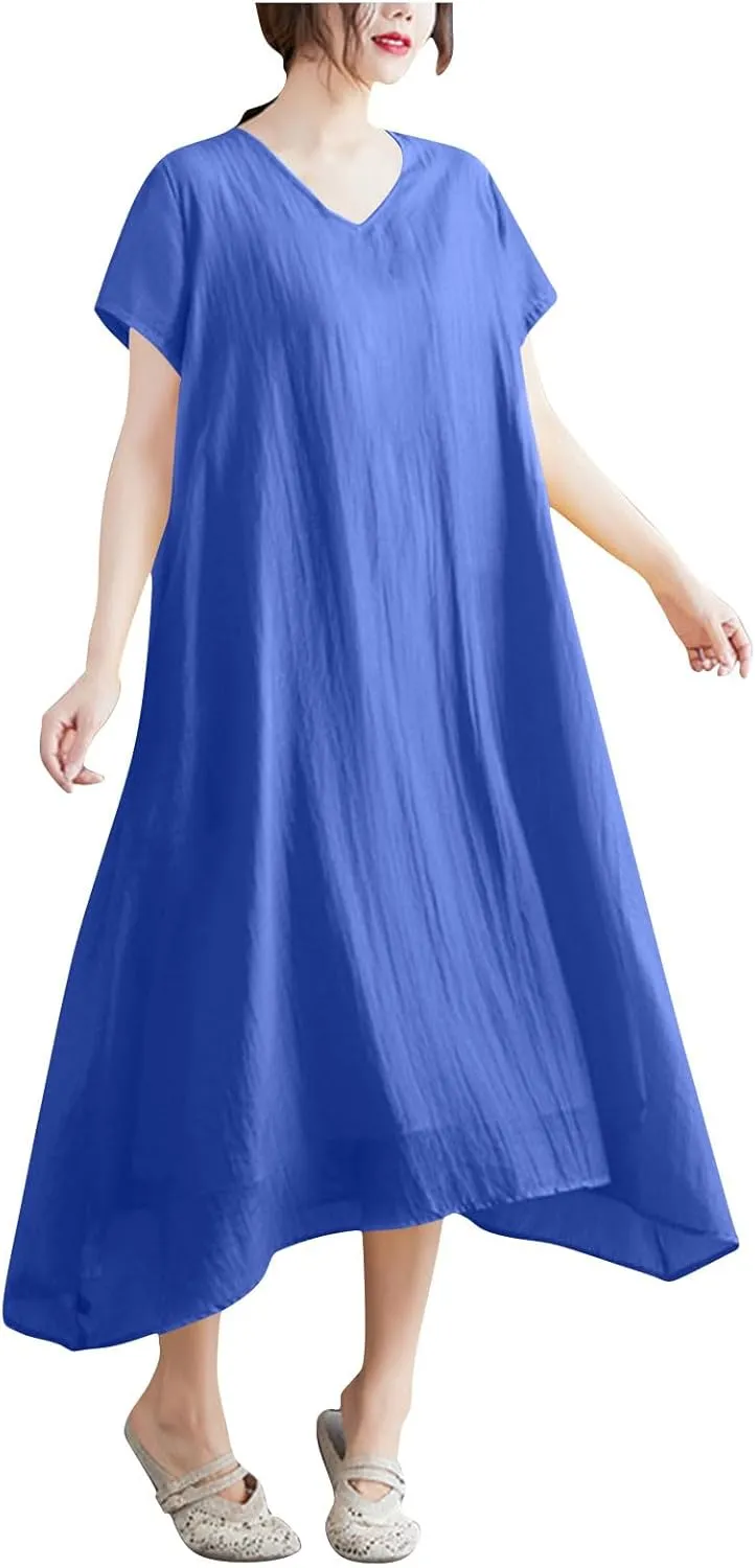 Women's Casual Pajama Solid Color Dress Round Neck Long Dresses Loose Fit Comfortable Midi Skirt Home Daily
