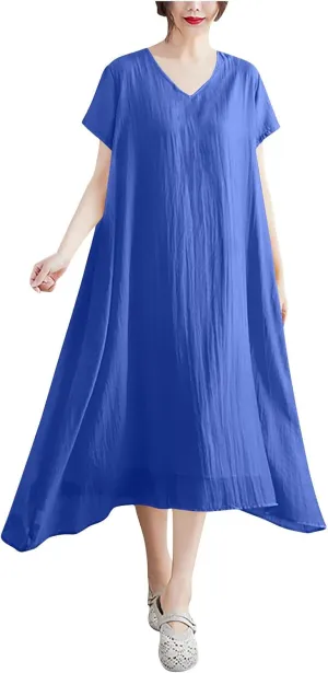 Women's Casual Pajama Solid Color Dress Round Neck Long Dresses Loose Fit Comfortable Midi Skirt Home Daily