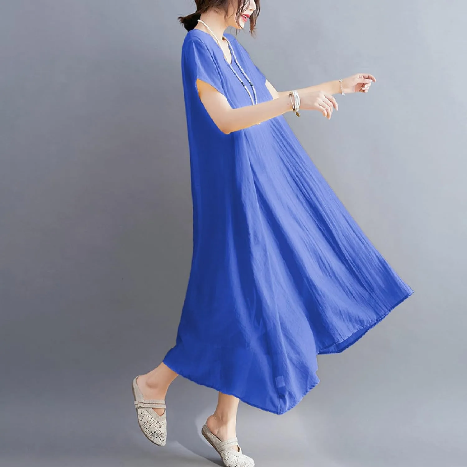 Women's Casual Pajama Solid Color Dress Round Neck Long Dresses Loose Fit Comfortable Midi Skirt Home Daily
