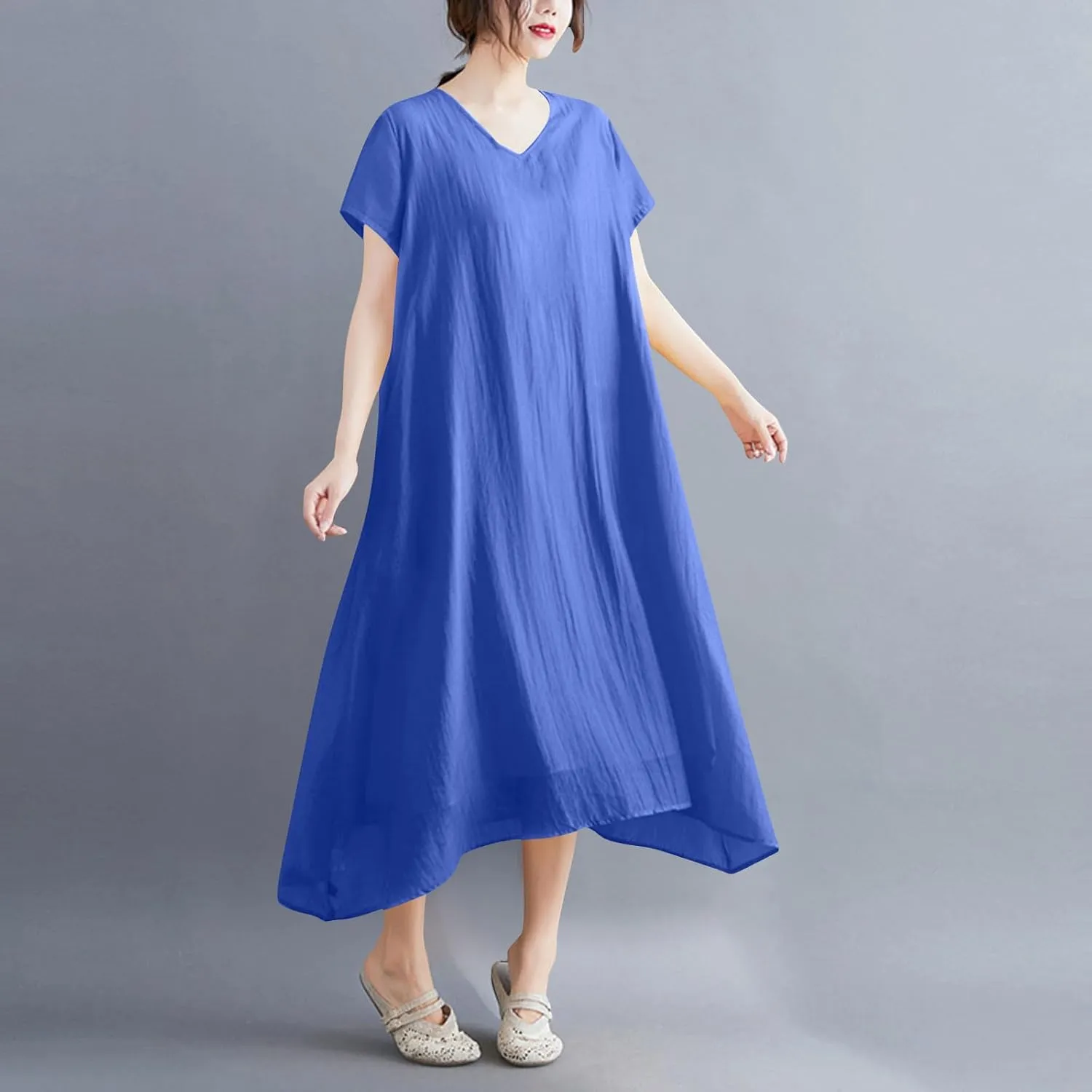 Women's Casual Pajama Solid Color Dress Round Neck Long Dresses Loose Fit Comfortable Midi Skirt Home Daily