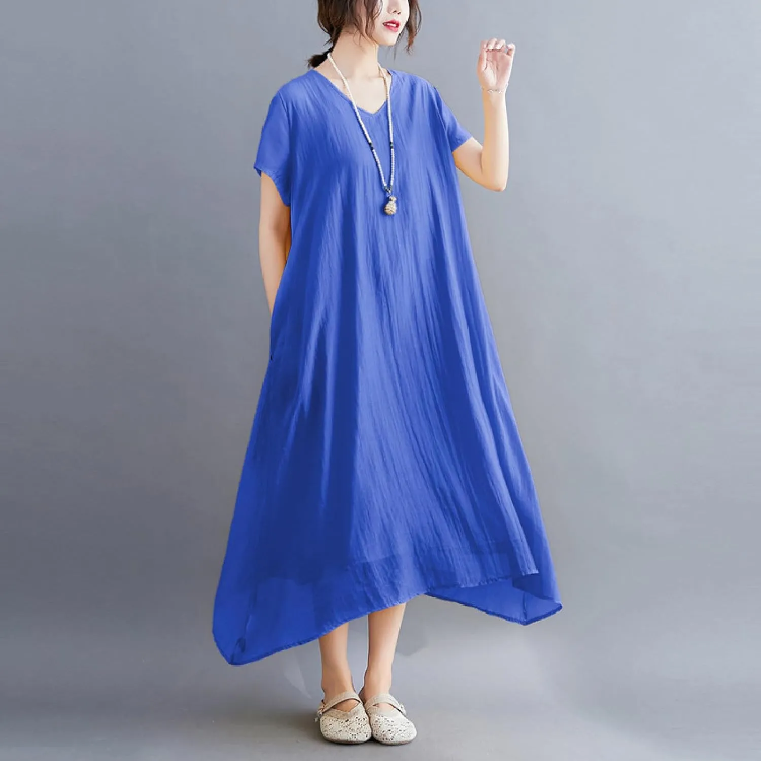 Women's Casual Pajama Solid Color Dress Round Neck Long Dresses Loose Fit Comfortable Midi Skirt Home Daily