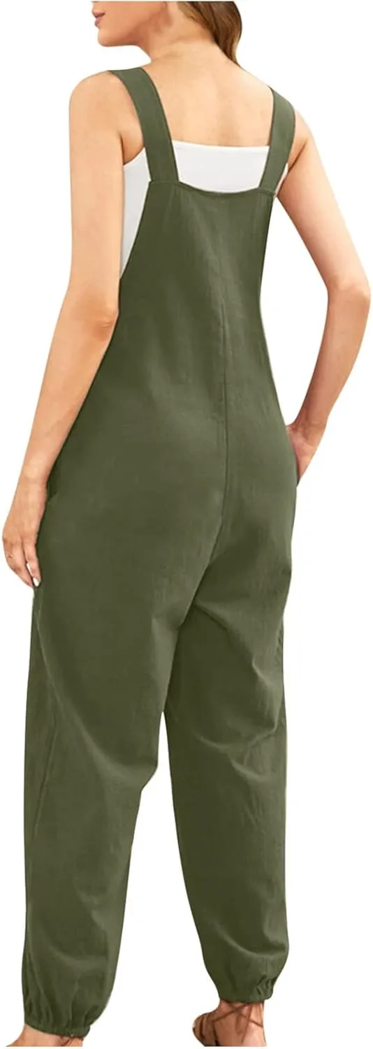Womens Casual Sleeveless Jumpsuits 2023 Summer Outfits Bib Overall Baggy Long Harem Pants Romper With Pockets