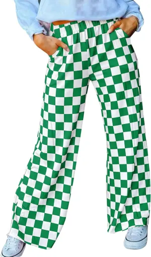 Womens Checkered Pants Y2K Pajama Pants Elastic Waist Wide Leg Lounge Pants Comfy Pj Bottoms with Pockets Loungewear