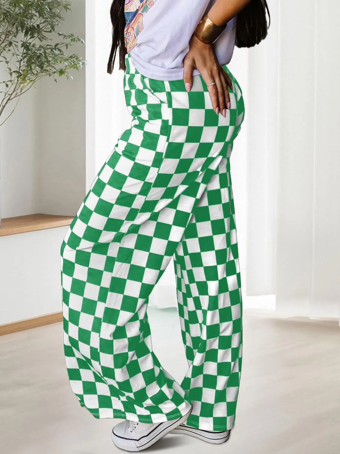 Womens Checkered Pants Y2K Pajama Pants Elastic Waist Wide Leg Lounge Pants Comfy Pj Bottoms with Pockets Loungewear