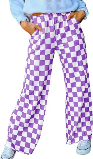 Womens Checkered Pants Y2K Pajama Pants Elastic Waist Wide Leg Lounge Pants Comfy Pj Bottoms with Pockets Loungewear