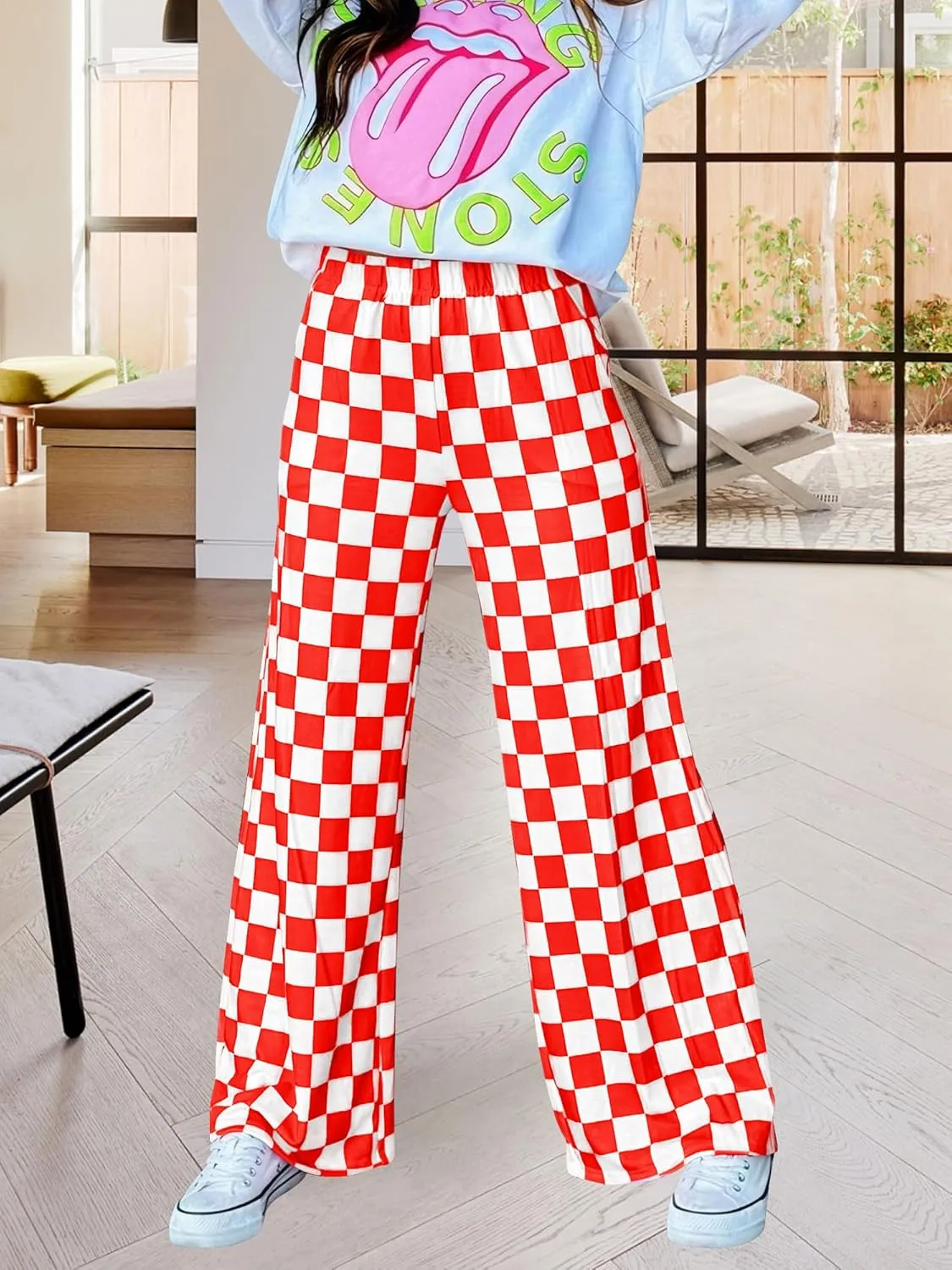 Womens Checkered Pants Y2K Pajama Pants Elastic Waist Wide Leg Lounge Pants Comfy Pj Bottoms with Pockets Loungewear