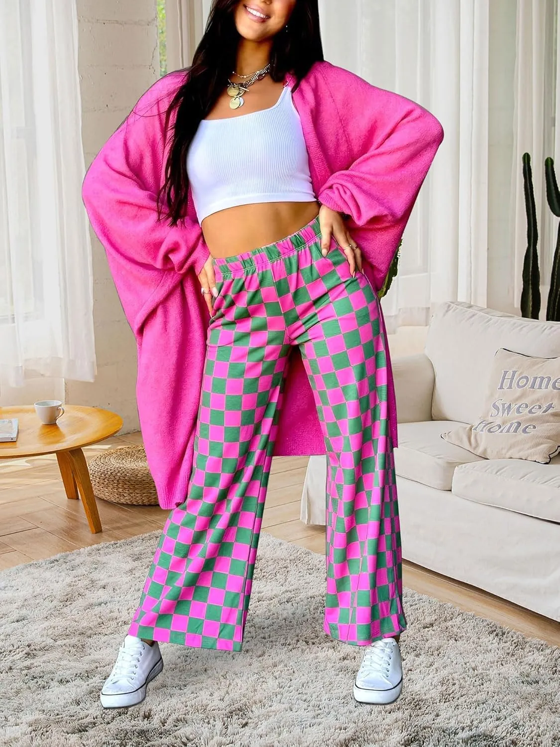 Womens Checkered Pants Y2K Pajama Pants Elastic Waist Wide Leg Lounge Pants Comfy Pj Bottoms with Pockets Loungewear