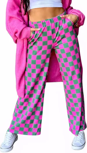 Womens Checkered Pants Y2K Pajama Pants Elastic Waist Wide Leg Lounge Pants Comfy Pj Bottoms with Pockets Loungewear