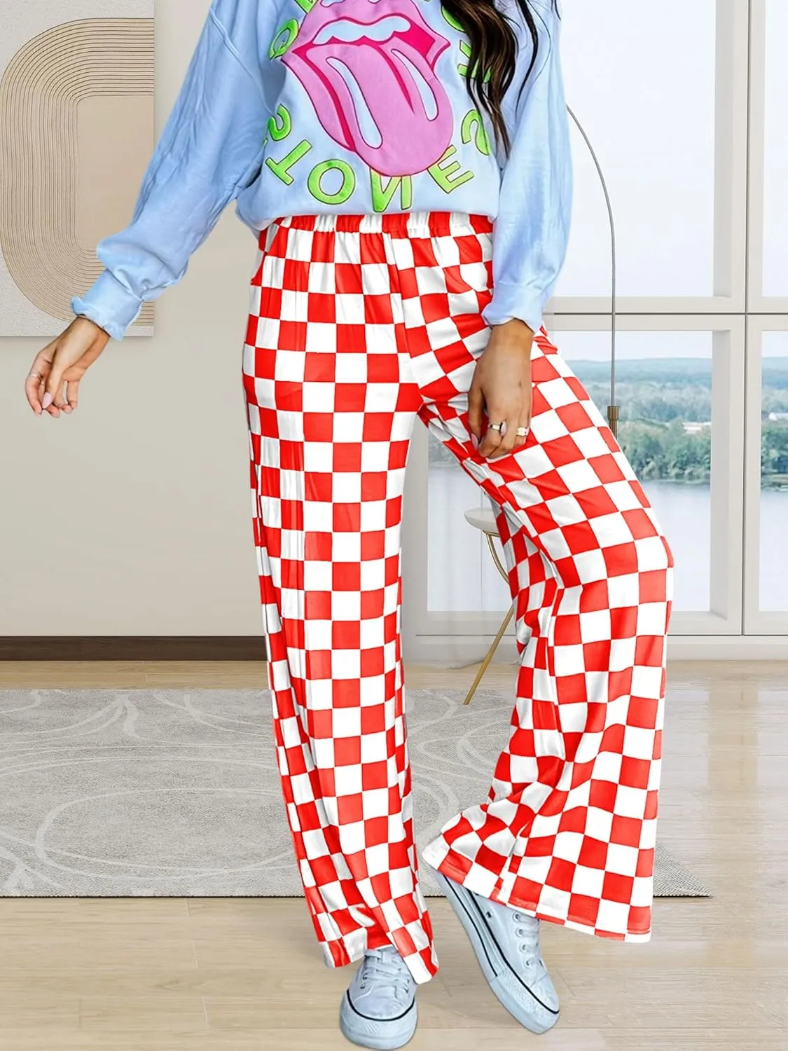 Womens Checkered Pants Y2K Pajama Pants Elastic Waist Wide Leg Lounge Pants Comfy Pj Bottoms with Pockets Loungewear