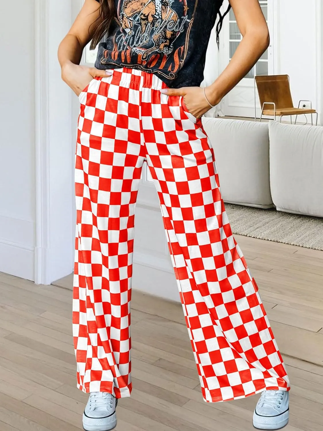 Womens Checkered Pants Y2K Pajama Pants Elastic Waist Wide Leg Lounge Pants Comfy Pj Bottoms with Pockets Loungewear