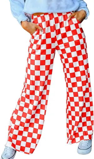 Womens Checkered Pants Y2K Pajama Pants Elastic Waist Wide Leg Lounge Pants Comfy Pj Bottoms with Pockets Loungewear