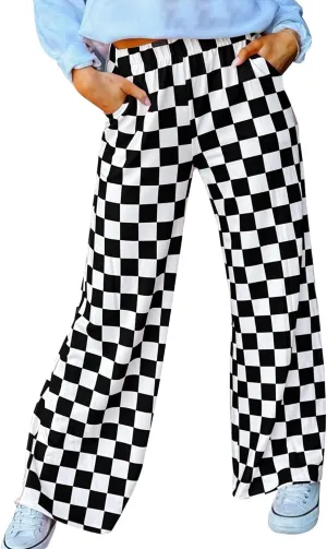 Womens Checkered Pants Y2K Pajama Pants Elastic Waist Wide Leg Lounge Pants Comfy Pj Bottoms with Pockets Loungewear