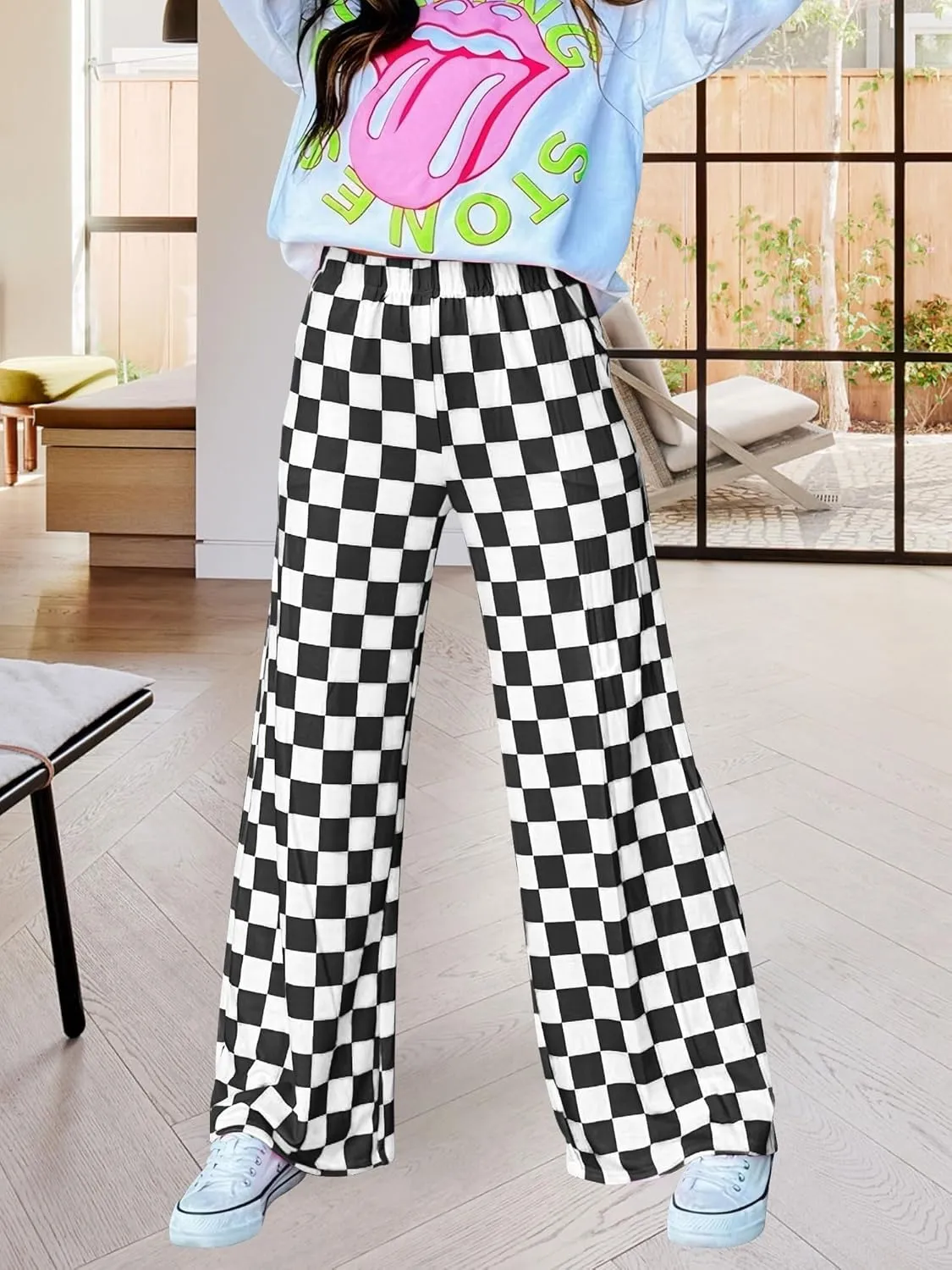 Womens Checkered Pants Y2K Pajama Pants Elastic Waist Wide Leg Lounge Pants Comfy Pj Bottoms with Pockets Loungewear
